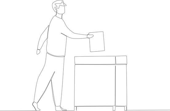 A man walks towards the ballot box. Vote one-line drawing