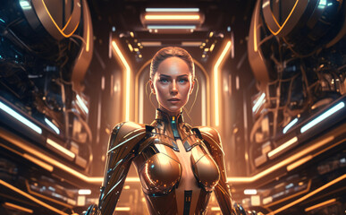 Fototapeta na wymiar Cyborg woman in futuristic space suit looking at camera Generative AI