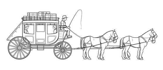 Stagecoach wagon with four horses - vector stock illustration.