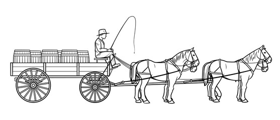 Open cargo wagon with four horses - vector stock illustration. - obrazy, fototapety, plakaty