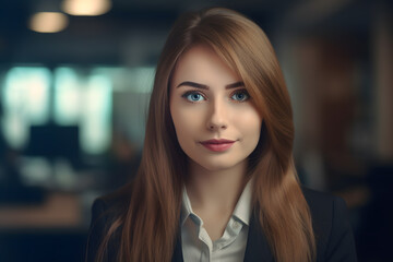 Portrait of young beautiful business woman in the office. Generative AI