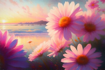 A modern painting of pink flowers