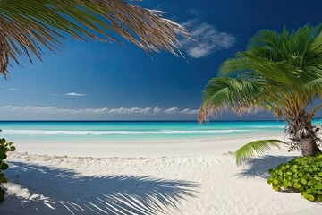 Fototapeta na wymiar serene tropical beach with a single palm tree and crystal clear blue water. Generative AI