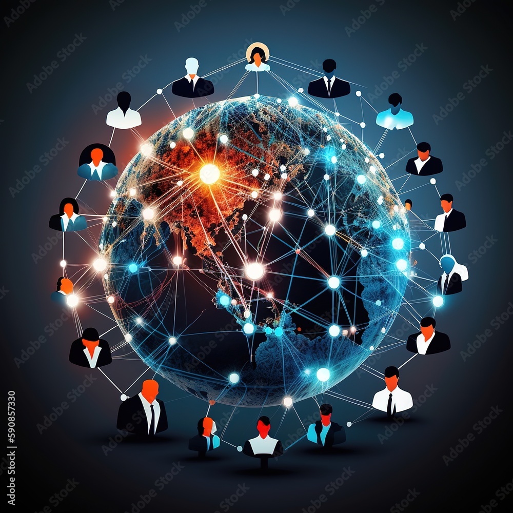 Sticker Global business concept.Teamwork meeting and business deal, Business communication network connection. generative ai