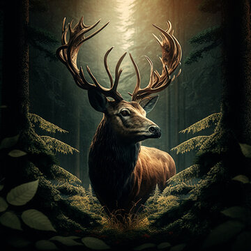Superb deer stag with great antlers in pose in the forest made with generative AI