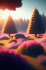 Majestic shining forest at dawn