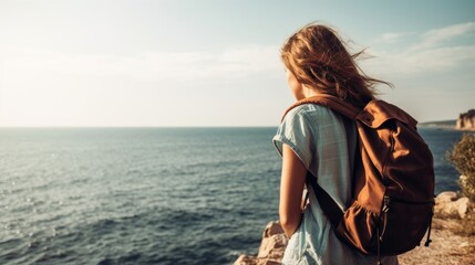 Fototapeta premium Young woman with backpack looking at the sea. Generative AI