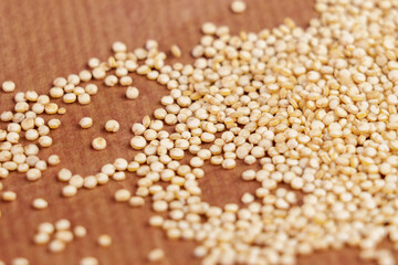 Organic quinoa seeds on brown paper background