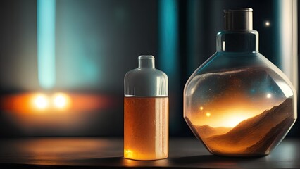 Space in a bottle. A beautiful scene of a bottle and the space objects inside. Abstraction, illustration.