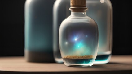 Space in a bottle. A beautiful scene of a bottle and the space objects inside. Abstraction, illustration.