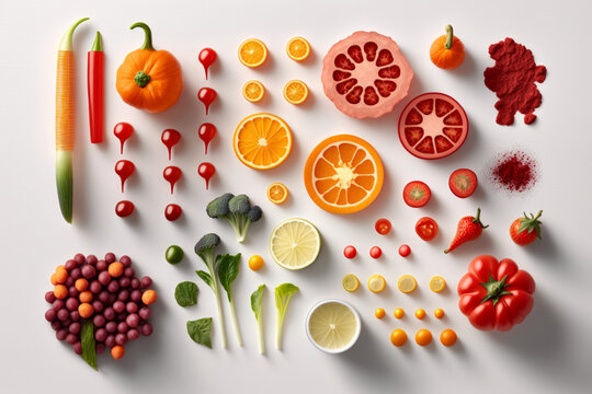 Dieta equilibrada verduras y fruta, organizaci&oacute;n crom&aacute;tica, verduras arco&iacute;ris, creado con IA generativa