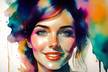Colorful portrait of a young woman. Generative AI