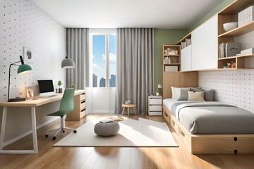 Fototapeta premium Cute children's room with house shaped shelves and crib, Interior design