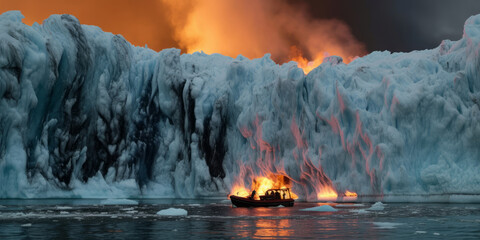 Incendio en el Ártico, incendio bloque de hielo, los bloques de hielo derritiéndose, creado con IA generativa - obrazy, fototapety, plakaty