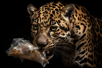 Leopardo comiendo basura de plastico, animales en peligro de extinción, emergencia climática, creada con IA generativa