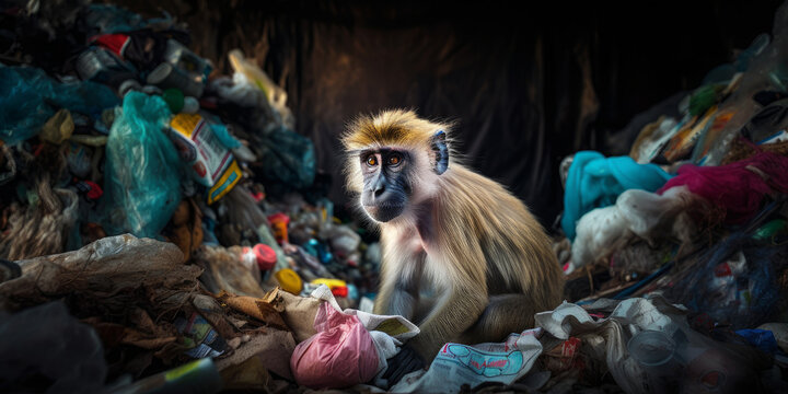 Mono hambriento en un vertedero de basura comiendo pl&aacute;sticos, creado con IA generativa