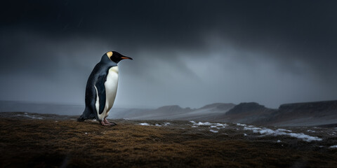 pingüino emperador caminando por un terreno derretido, animal en peligro de extinción, polo norte sin hielo, casquetes polares derretidos, creado con IA generativa