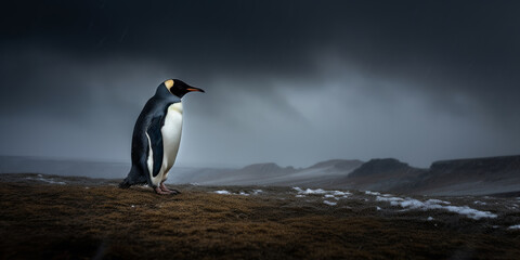 Fototapeta premium pingüino emperador caminando por un terreno derretido, animal en peligro de extinción, polo norte sin hielo, casquetes polares derretidos, creado con IA generativa