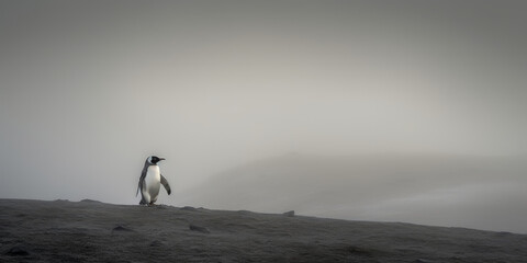 pingüino emperador caminando por un terreno inhóspito, animal en peligro de extinción, polo norte sin hielo, casquetes polares derretidos, creado con IA generativa