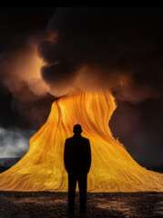 Silueta hombre frente a un volcán en erupción, persona delante de un río de lava, hombre en el infierno, creado con IA generativa