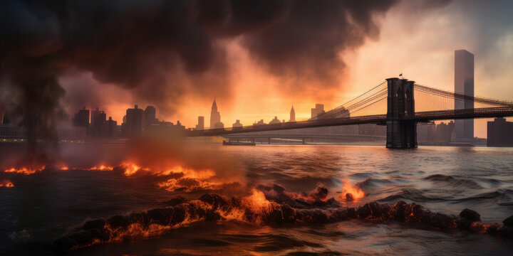 Skyline ardiendo, incendio en una gran ciudad, puente en llamas, cambio clim&aacute;tico, emergencia clim&aacute;tica, creado con IA generativa