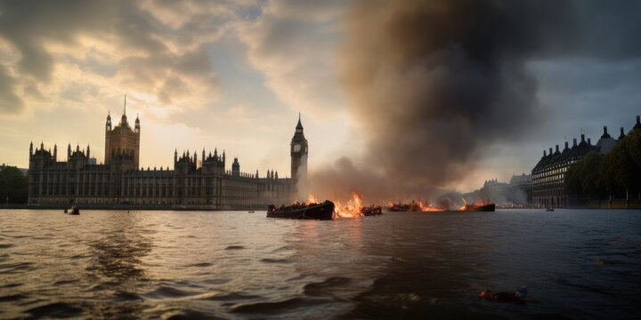 Explosión en el río Támesis, incendio en Londres, emergencia climática, desastre natural, cambio climático, creado con IA generativa