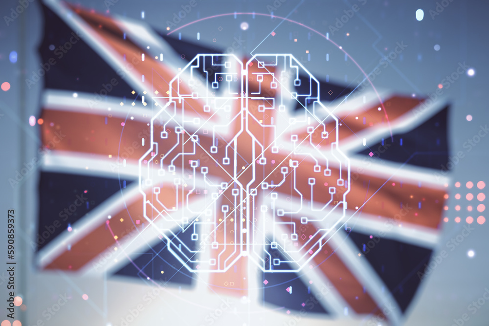 Poster virtual creative artificial intelligence hologram with human brain sketch on british flag and sunset