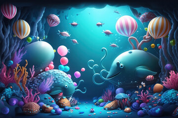 Fototapeta na wymiar Fiesta bajo el mar, fiesta inspiración, fondo del mar, evento océano con peces de colores y globos, creado con IA generativa