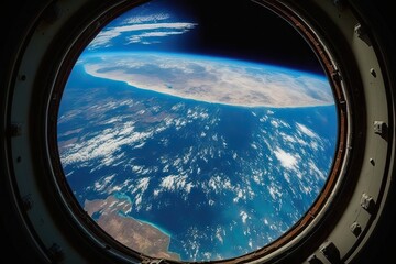 the view of Earth from a window of a space station. Generative AI