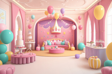 Fiesta infantil de princesas rosa aesthetic, fiesta inspirada en cuentos infantiles con globos y pastel, creado con IA generativa