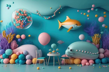 Fotobehang Fiesta bajo el mar, fiesta inspiración, fondo del mar, evento océano con peces de colores y globos, creado con IA generativa © Loktor