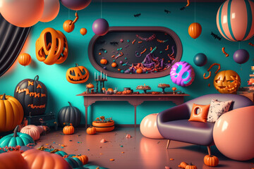 Habitación de halloween para niños, fiesta temática halloween globos de calaveras y dulces, creado con IA generativa