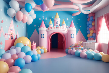 Fiesta infantil de princesas rosa aesthetic, fiesta inspirada en cuentos infantiles con globos y castillos, creado con IA generativa - obrazy, fototapety, plakaty