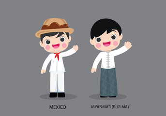 Mexico peopel in national dress. Set of Myanmar man dressed in national clothes. Vector flat illustration.