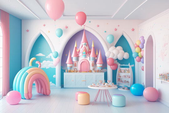 Fiesta infantil de princesas rosa aesthetic, fiesta inspirada en cuentos infantiles con globos y castillos, creado con IA generativa