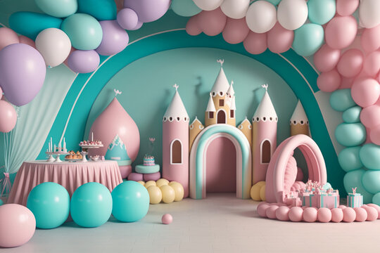 Fiesta infantil de princesas rosa aesthetic, fiesta inspirada en cuentos infantiles con globos y castillos, creado con IA generativa
