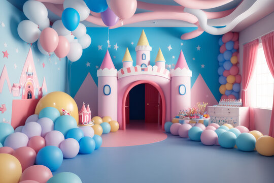 Fiesta infantil de princesas rosa aesthetic, fiesta inspirada en cuentos infantiles con globos y castillos, creado con IA generativa