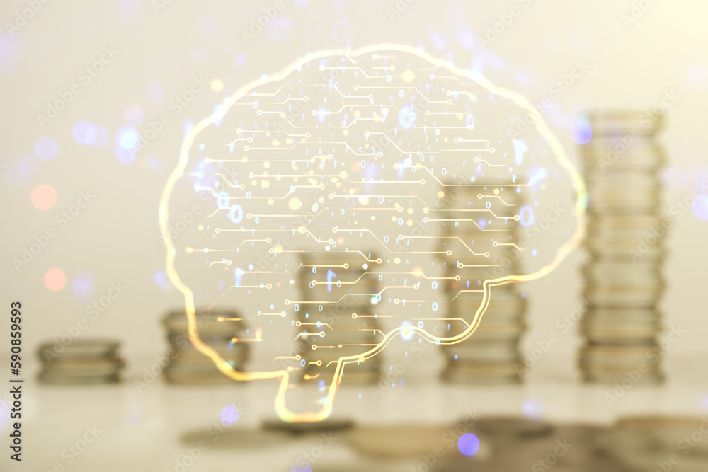 Aufkleber virtual creative artificial intelligence hologram with human brain sketch on stacks of coins backgro