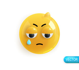 Realistic 3d Icon. Emoji face. Render of yellow glossy color emoji in plastic cartoon style