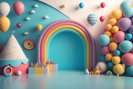 Fiesta de cumpleaños con globos aesthetic, evento infantil, Fiesta en un castillo hinchable, guardería, creado con IA generativa