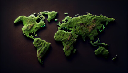 Earth Day. World map made with grass top view Ai generated image