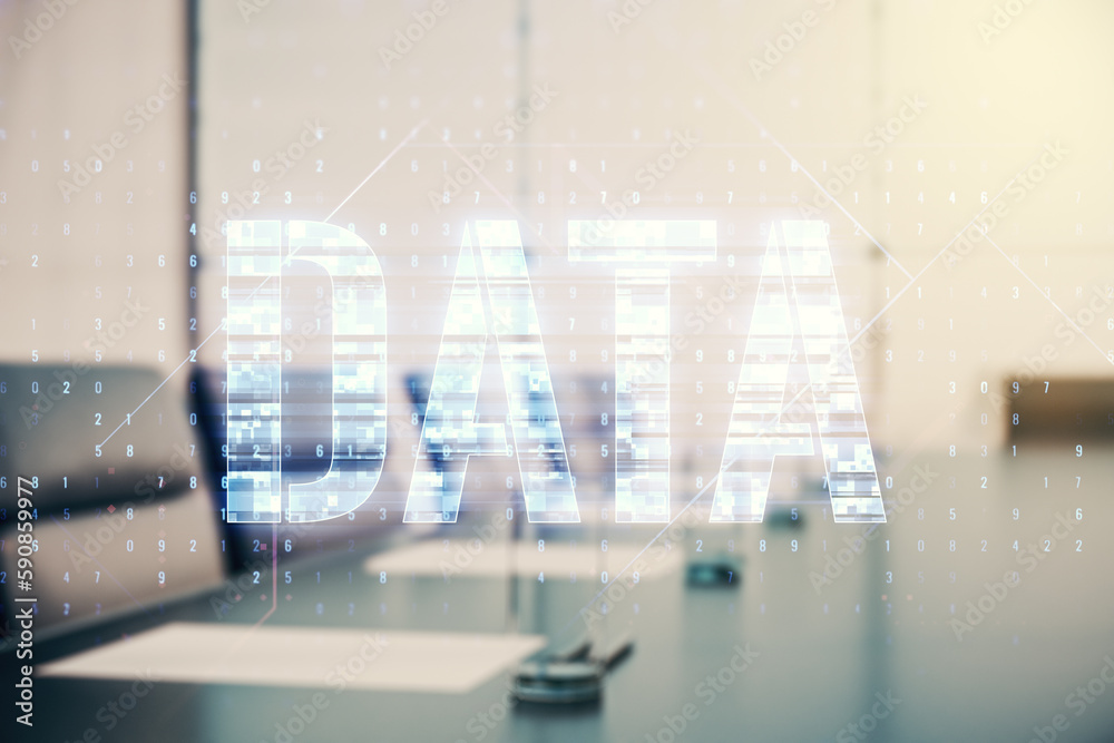 Poster Data word hologram on a modern boardroom background, big data and blockchain concept. Multiexposure