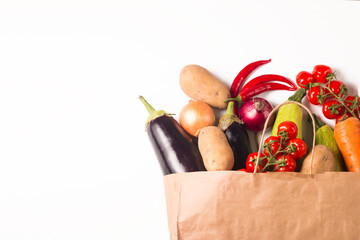 Delivery healthy food background. Healthy organic food in paper bag with vegetables. Zero waste concept. 