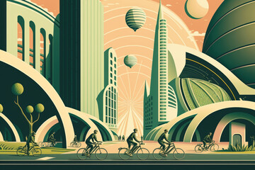 Ilustración retro futurista ciudad del futuro sostenible y ecológica, ciudad cero emisiones CO2, energías limpias, ciclistas paseando por la ciudad, transporte eléctrico, creado con IA generativa