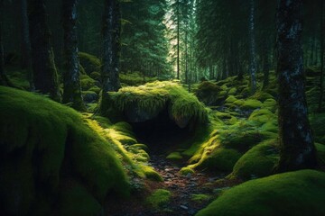 lush green forest with a mossy tunnel leading through the trees. Generative AI