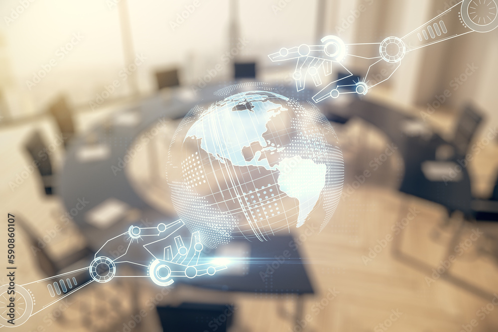 Poster abstract virtual robotics technology hologram with globe on a modern coworking room background, arti