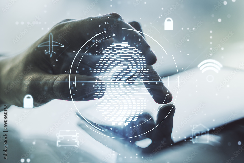 Poster double exposure of abstract creative fingerprint hologram with finger clicks on a digital tablet on 