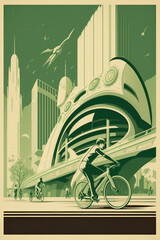 Ilustración retro futurista ciudad del futuro sostenible y ecológica, ciudad cero emisiones CO2, energías limpias, ciclistas paseando por la ciudad, transporte eléctrico, creado con IA generativa