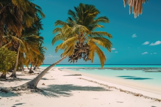 serene tropical beach with a single palm tree and crystal clear blue water. Generative AI