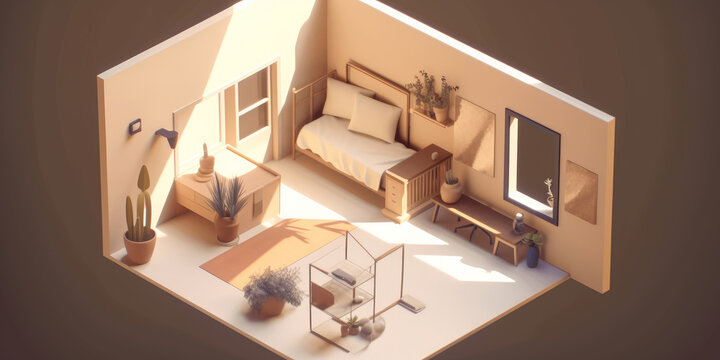Habitaci&oacute;n low poly isometrica color beige, cuarto peque&ntilde;o 3d con luz natural, dormitorio aesthetic, creado con IA generativa 